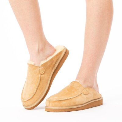 Ocieplane pantofle skórzane - Beżowe kapcie mokasyny