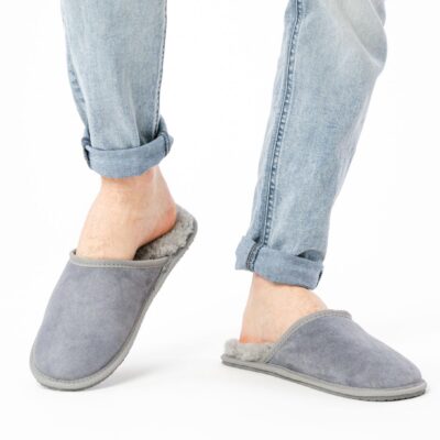 Ocieplane pantofle skórzane - Szare kapcie domowe