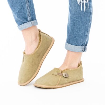 Damskie Ocieplane Pantofle Hajduki na Gumie - Oliwkowe Kapcie