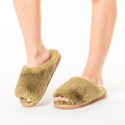 Ocieplane pantofle skórzane Damskie MIŚ - oliwkowe kapcie