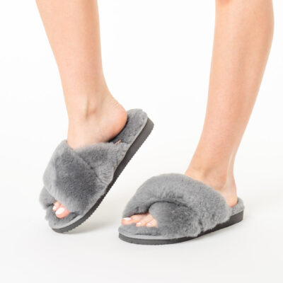 Damskie Pantofle ocieplane krzyż MIŚ - szare kapcie