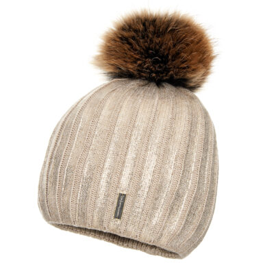 Wełniana Czapka Damska Beżowa z Pomponem