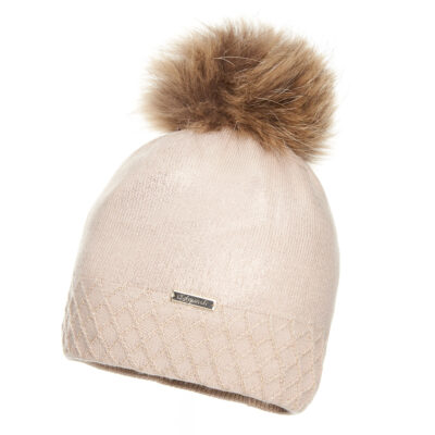 Wełniana Czapka Damska Beżowa z Pomponem - Brokat II