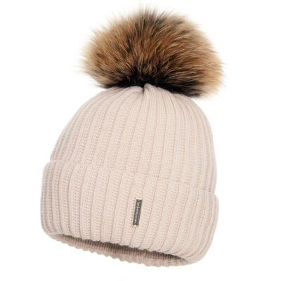 Wełniana Czapka Damska Beżowa z Pomponem - MEGI