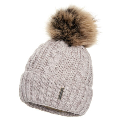 Wełniana Czapka Damska Beżowa z Pomponem - Warkocz