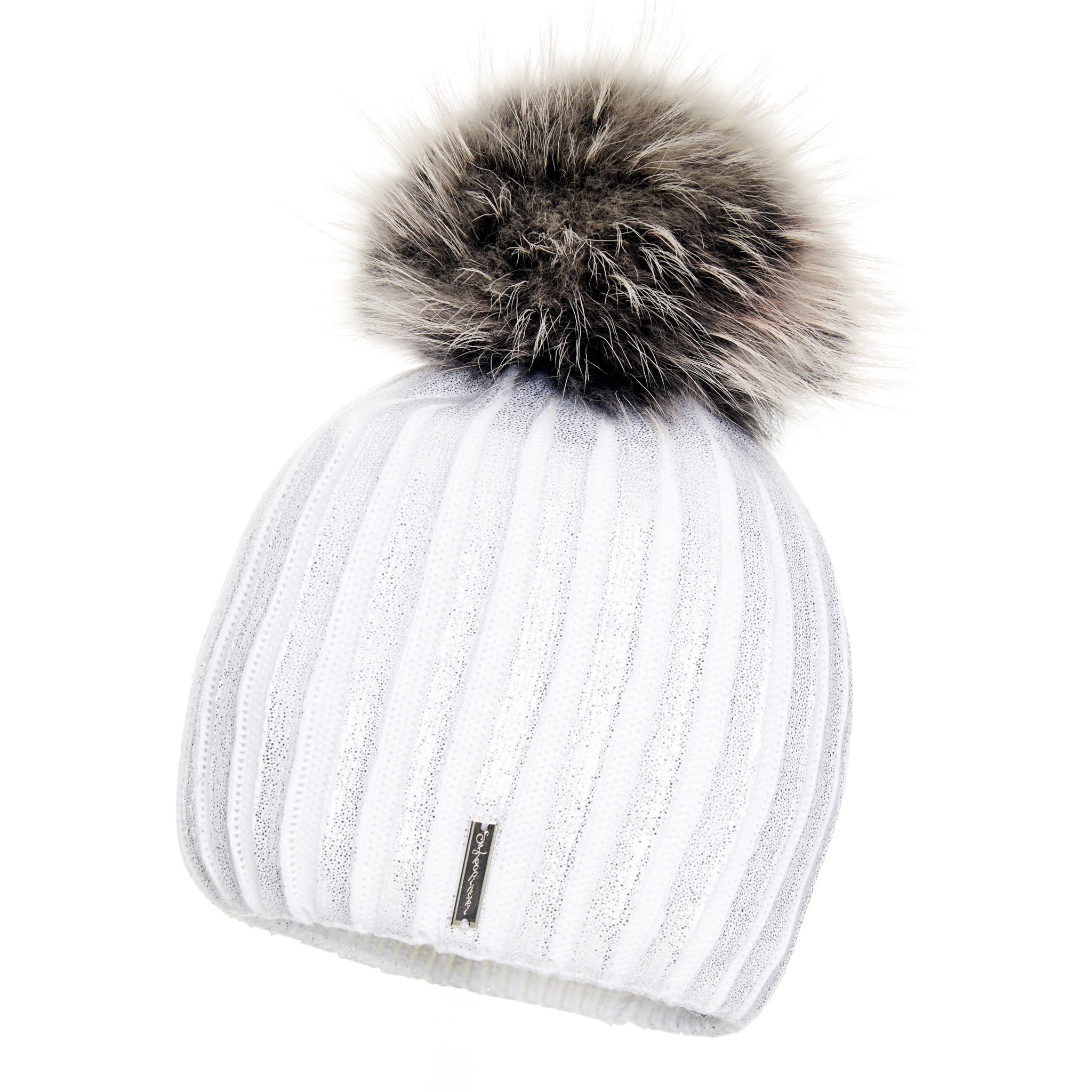 Wełniana Czapka Damska Biała z Pomponem - Brokat