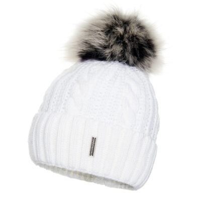Wełniana Czapka Damska Biała z Pomponem - Warkocz