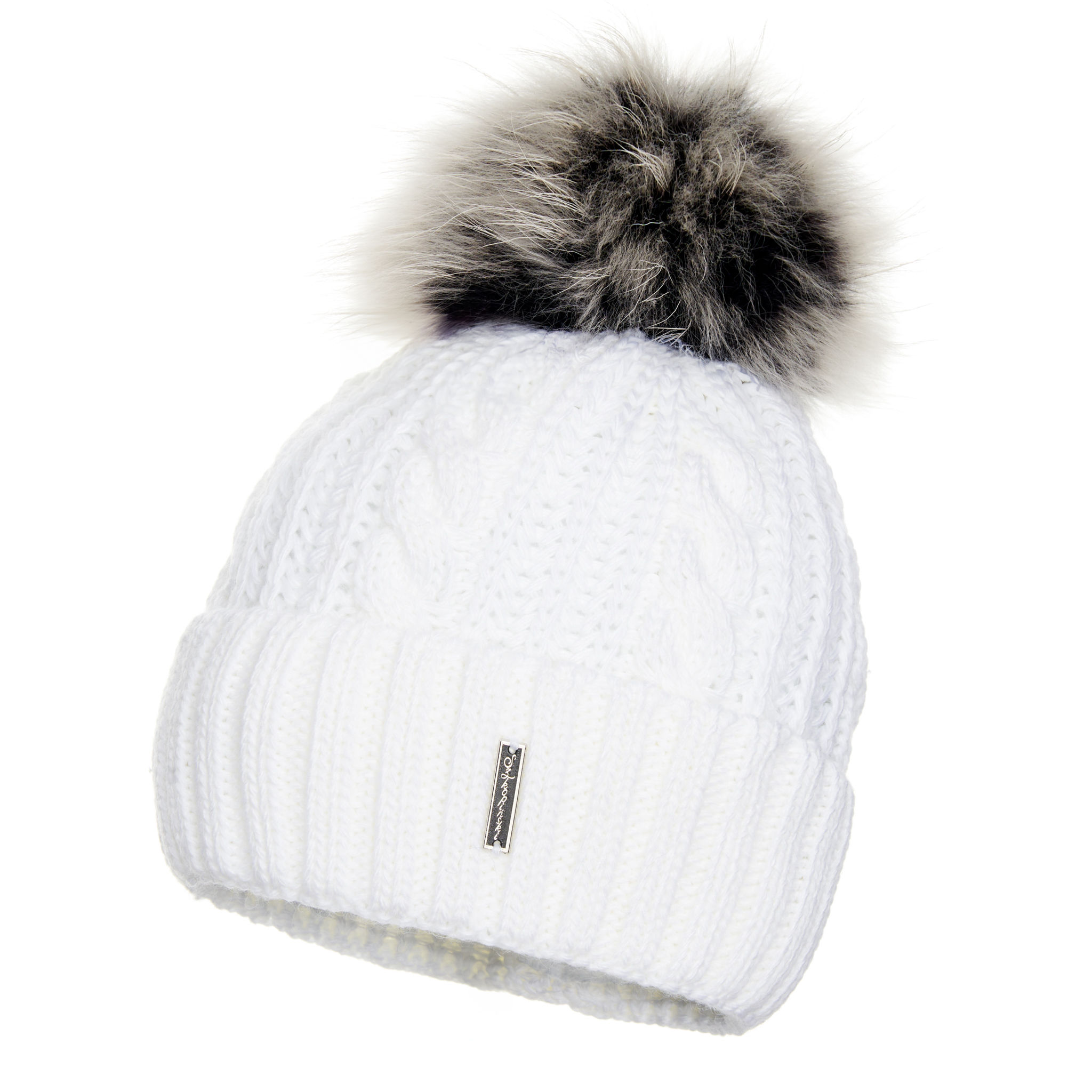 Wełniana Czapka Damska Biała z Pomponem - Warkocz