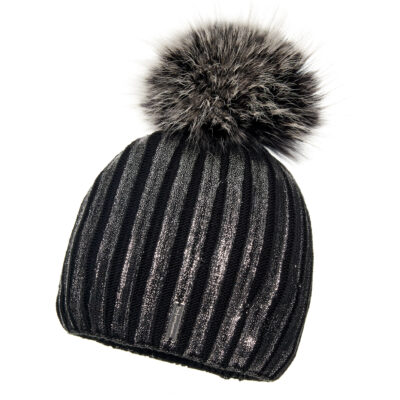 Wełniana Czapka Damska Czarna z Pomponem - Brokat