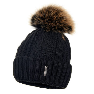 Wełniana Czapka Damska Czarna z Pomponem - Warkocz