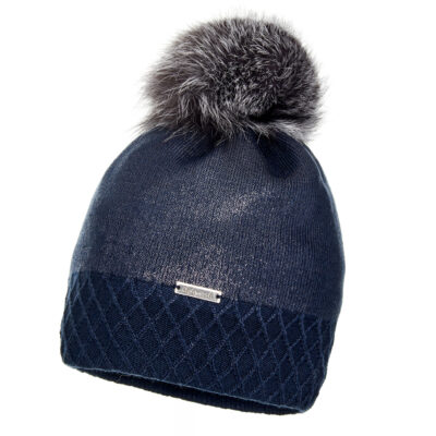 Wełniana Czapka Damska Granatowa z Pomponem