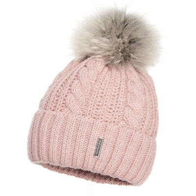 Wełniana Czapka Damska Różowa z Pomponem - Warkocz