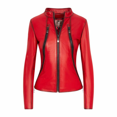 Czerwona Damska Kurtka Skórzana z zamkami