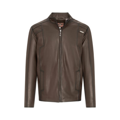 Męska Skórzana Kurtka Brązowa ze Stójką - HUGO