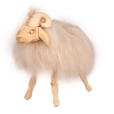 Drewniana Owca Biała z Naturalnej Skóry - Figurka Folkowa