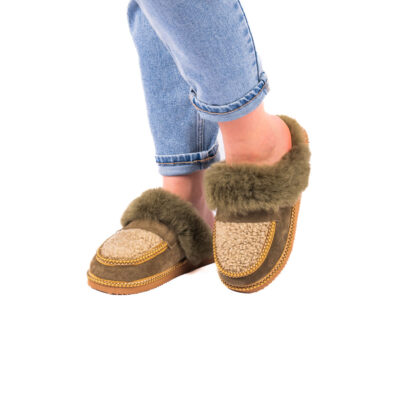 Kapcie Damskie Góralskie z Owczej Wełny Oliwkowe - Beti Runo