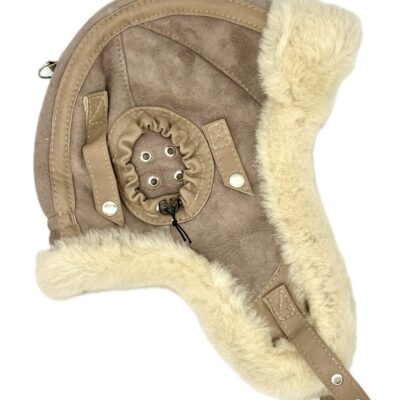 Beżowa Czapka Pilotka ze Skóry Owczej