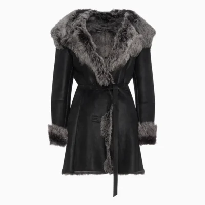 kożuch damski czarny Kaska 7/8 naturalna skóra jagnięca futro lisa srebrne widok z przodu